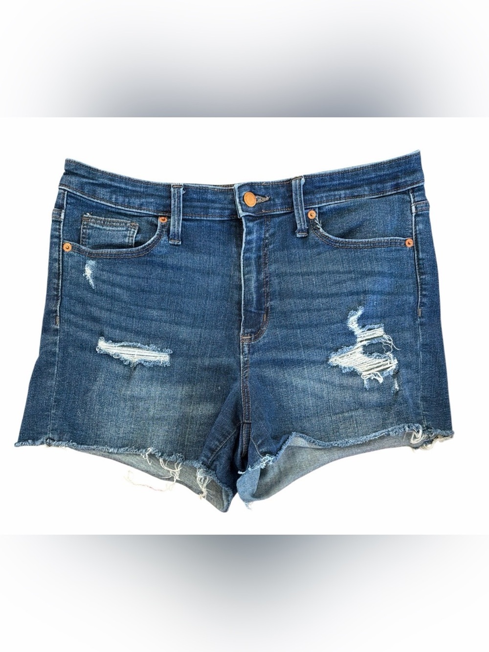 High-Rise Distressed Denim Shorts - Dark Blue